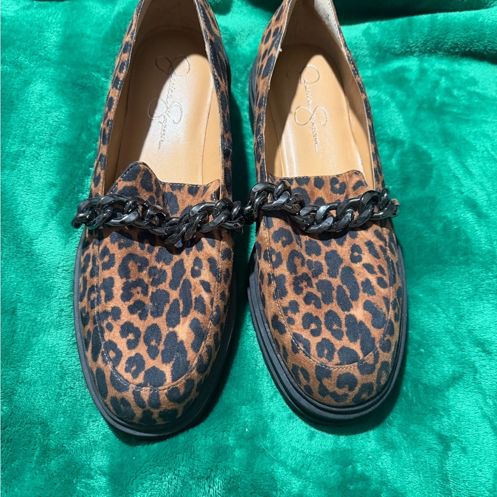 Jessica Simpson Leopard Print Loafers with Black Chain
